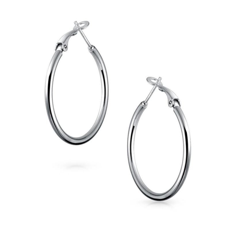 Round Tube Hoop Earrings Hinged Notched Post 1.4" Plain Sterling Silver
