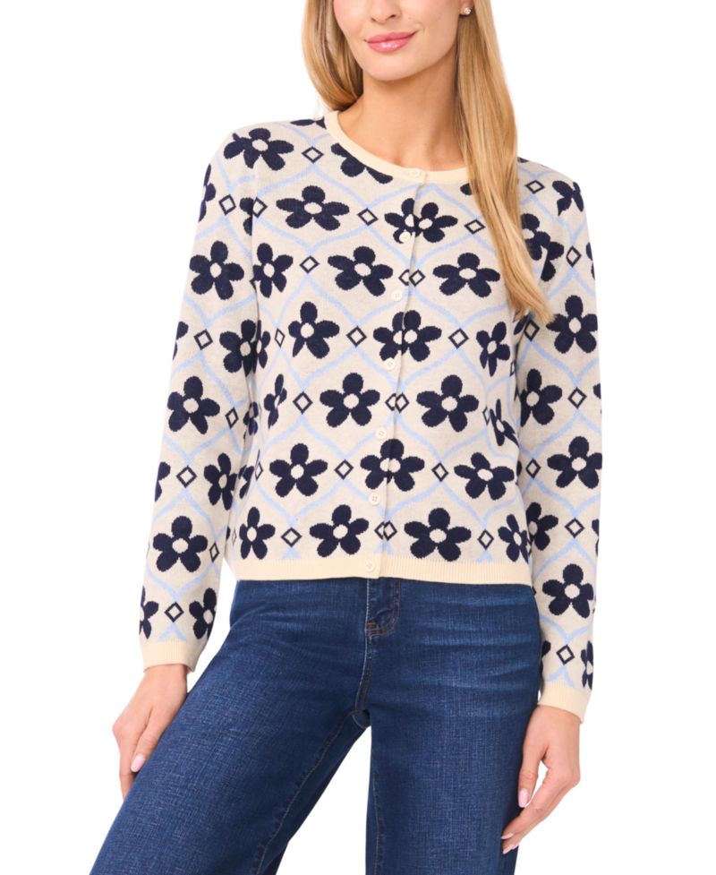 Women's Floral Detail Long-Sleeve Crewneck Cardigan