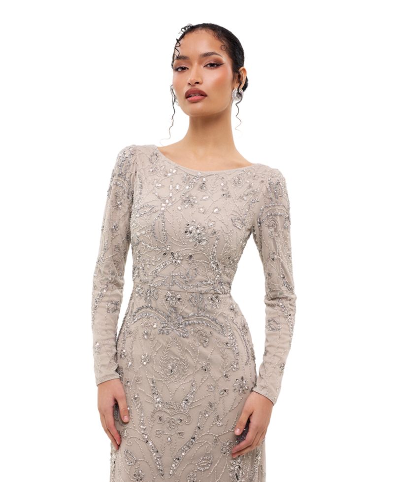 Women's Modest Floral Embellished Sequins Maxi Dress