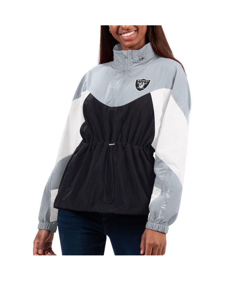 Women's Black, Silver Las Vegas Raiders Tie Breaker Lightweight Quarter-Zip Jacket