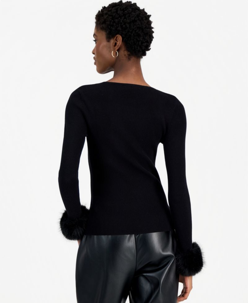 Women's Savannah Crewneck Long-Sleeve Faux-Fur Cuff Sweater