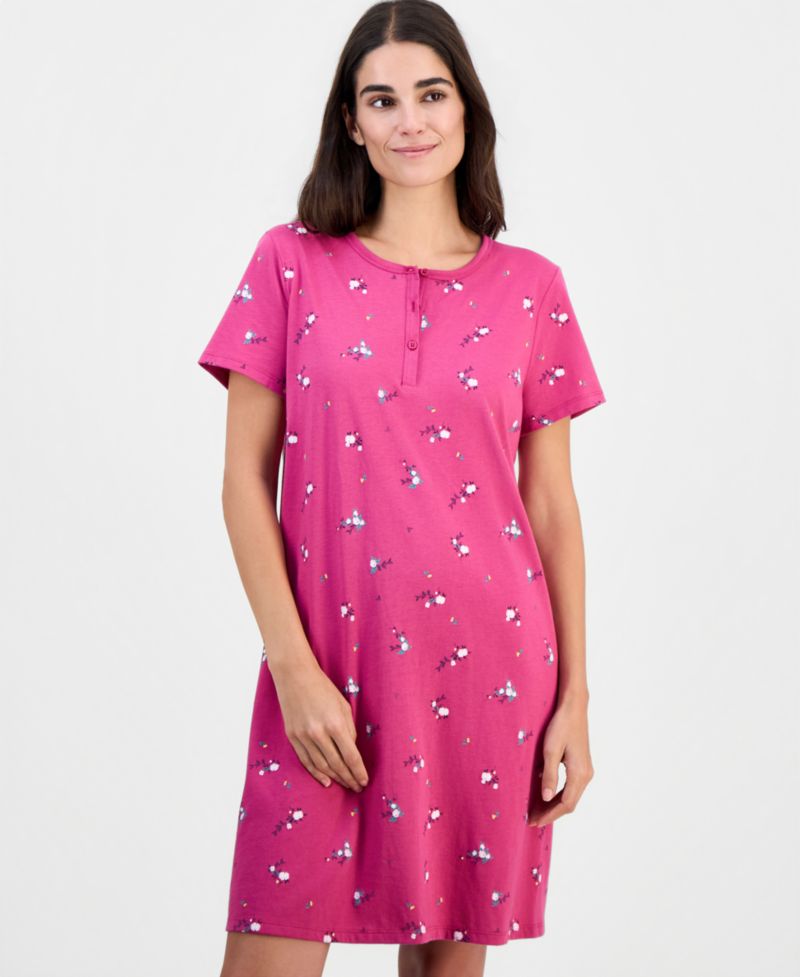 Women's Cotton Printed Henley Sleepshirt