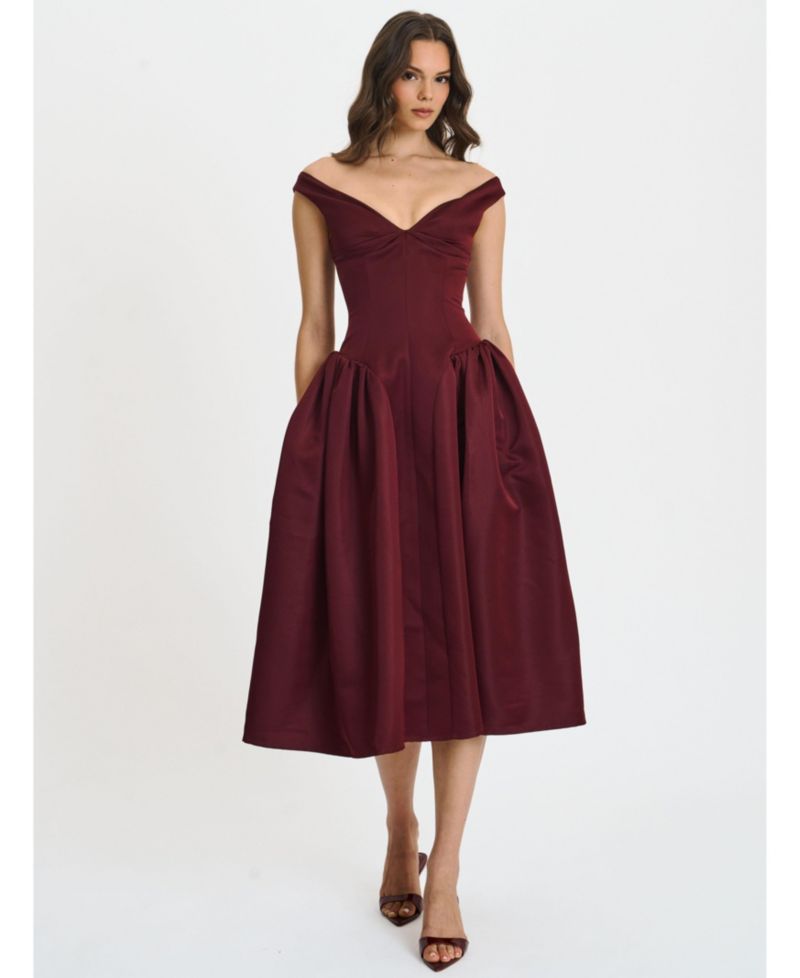Women's Omella Burgundy Ruched Bust Sweetheart Flared Maxi Dress