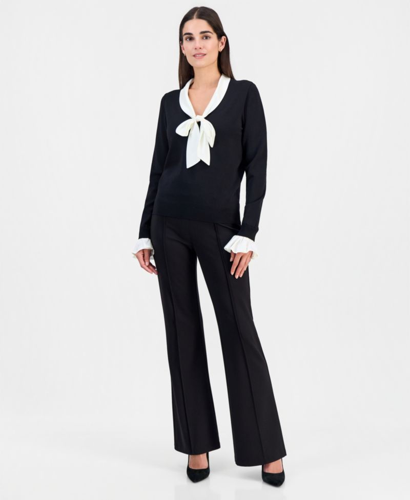 Women's Scarf-Neck Contrast-Trim Sweater