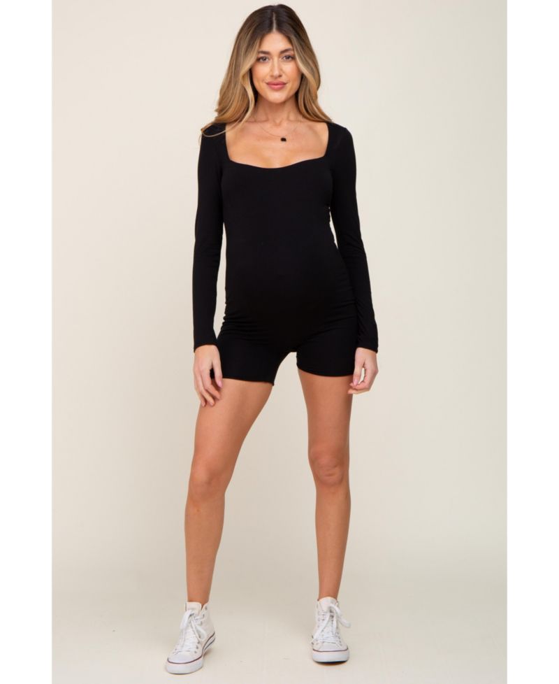 Women's Black Square Neck Long Sleeve Romper