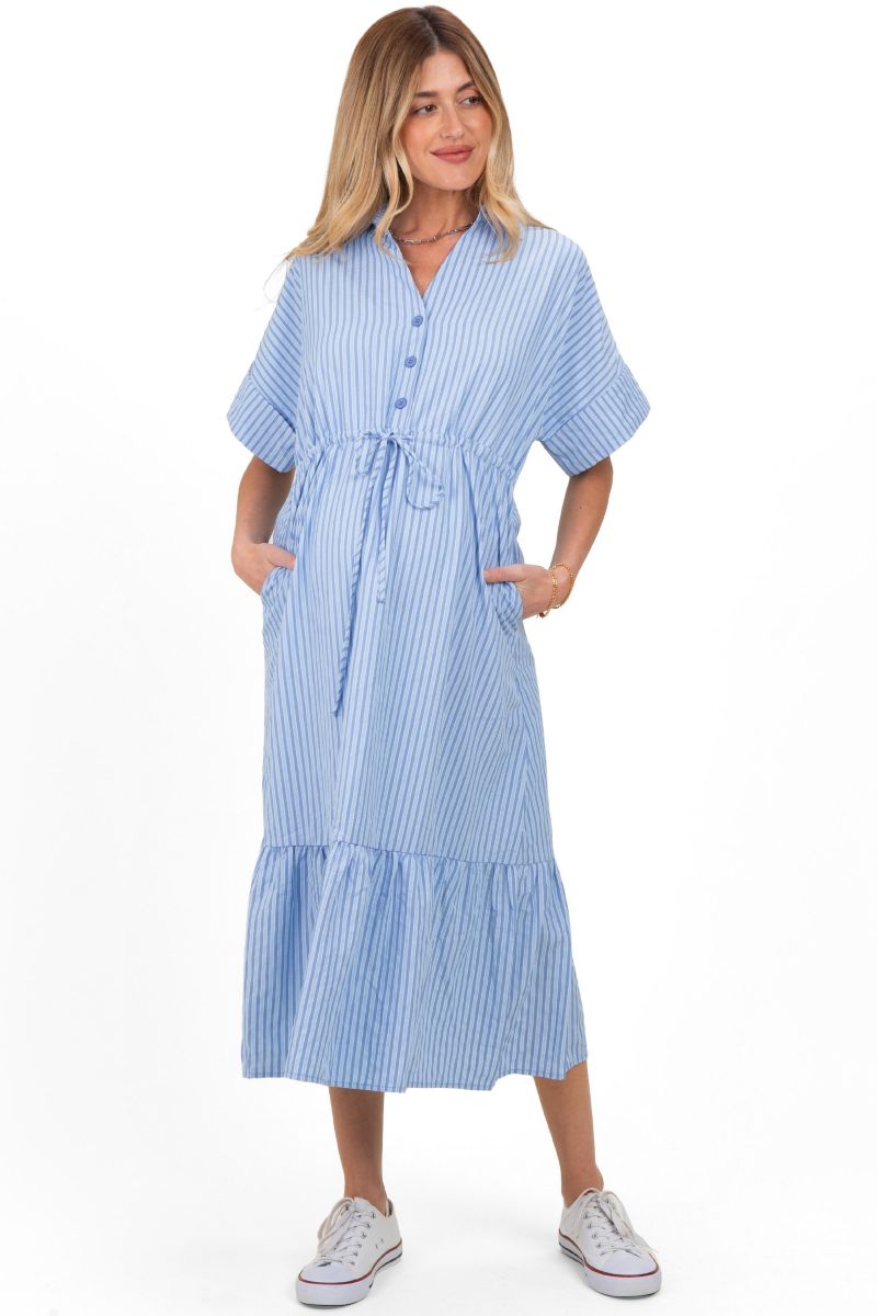 Women's Light Blue Striped Button Collared Midi Dress