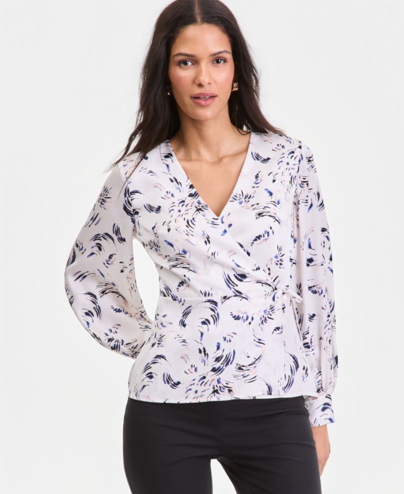 Women's Printed Blouson-Sleeve Wrap Blouse