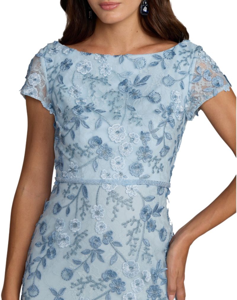Petite Floral Applique Boat Neck Cap Sleeve Gown