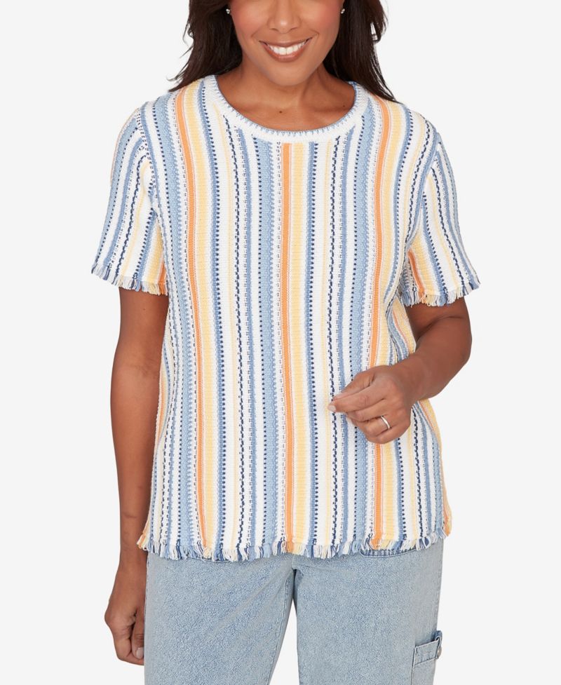 Women's Out of the Blue Textured Fringe Stripe Short-Sleeve T-Shirt