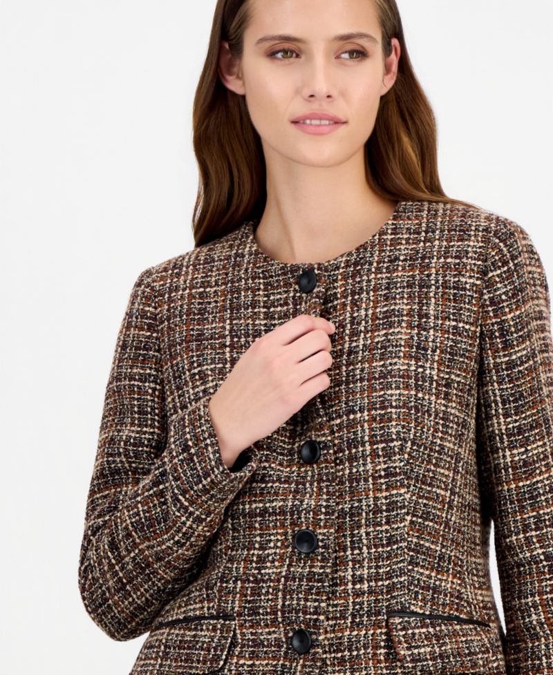 Women's Collarless Plaid Blazer