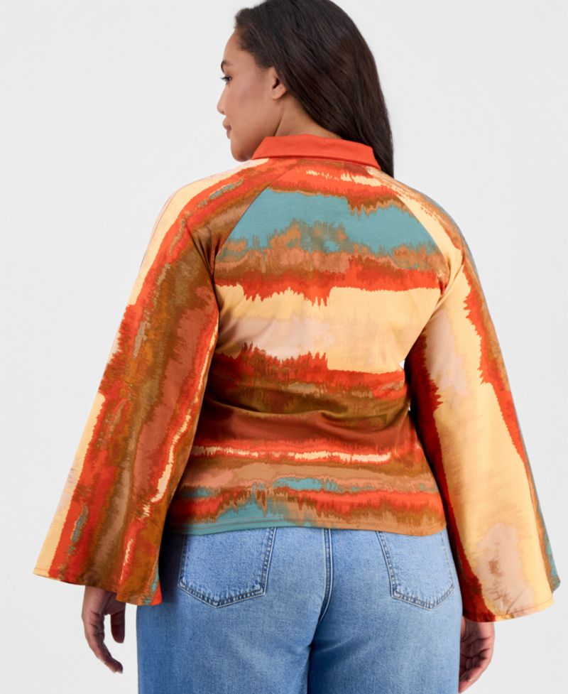 Plus Size Long-Flare-Sleeve Knit-to-Woven Polo Shirt