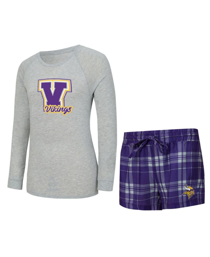 Women's 2-Piece Heather Gray/Purple Minnesota Vikings Regulate Plaid Long-Sleeve T-Shirt and Shorts Sleep Set