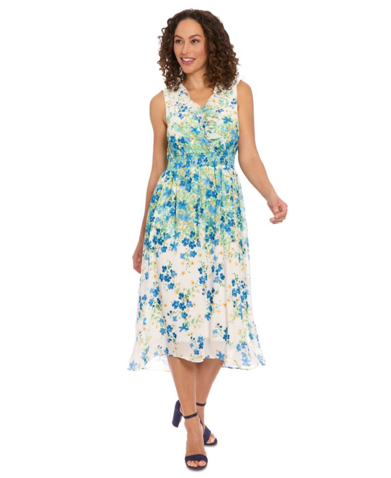 Women's V-Neck Sleeveless Smocked-Waist Dress
