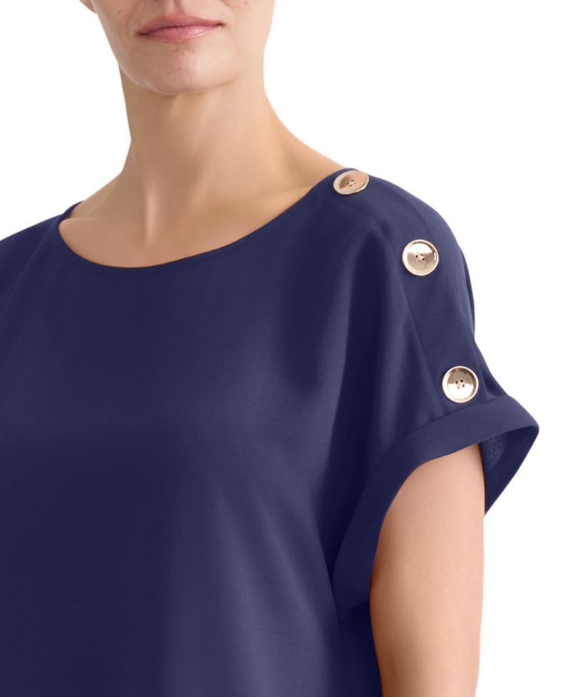 Petite Shoulder-Button-Detail Boat-Neck Short-Sleeve Blouse