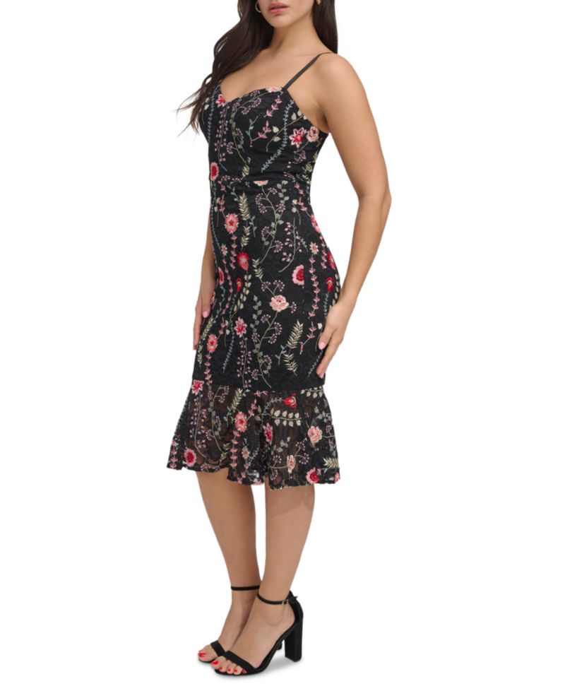 Women's Floral-Print Embroidered Lace Midi Dress