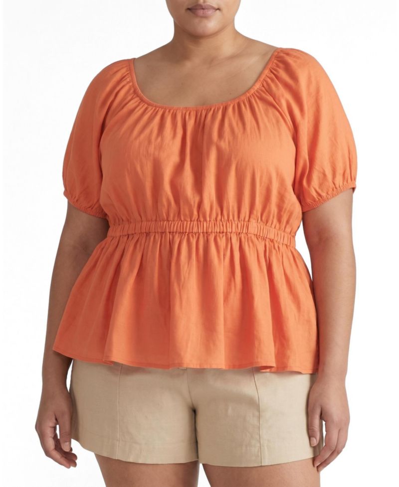 Plus Size Andrea Linen-Blend Short-Sleeve Peplum Top