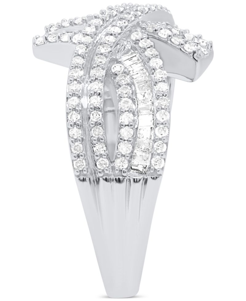 Diamond Round & Baguette Crossover Ring (3/4 ct. t.w.) in Sterling Silver