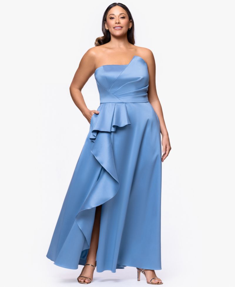 petite Strapless Side Ruffle Satin Ball Gown