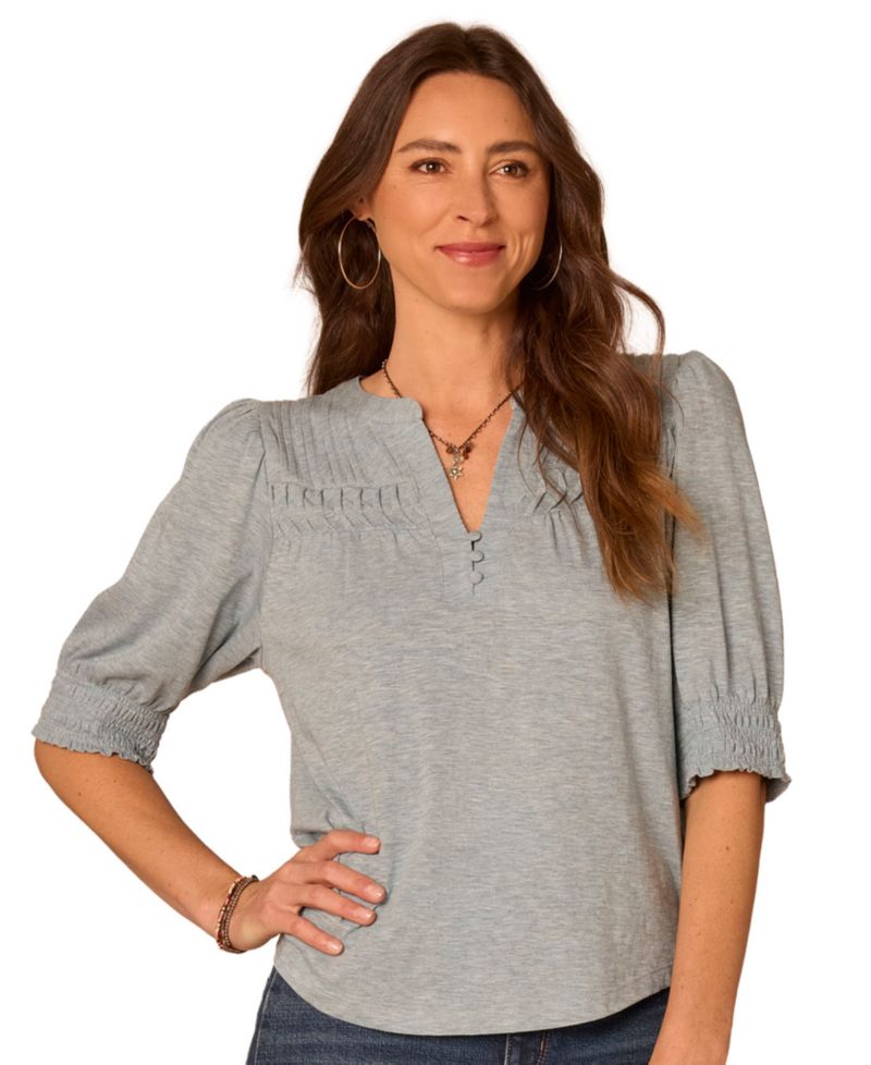 Petite Mandarin Collar Blouson-Sleeve Knit Top