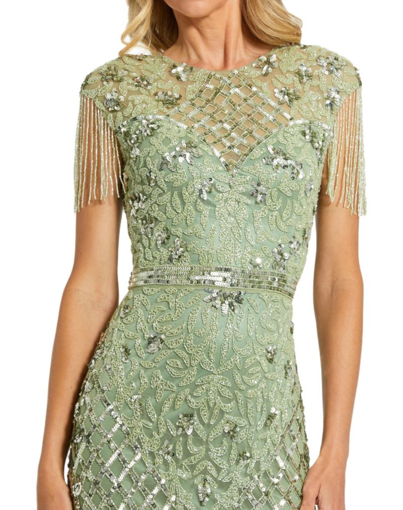 Petite Beaded Fringe High-Neck Fitted Evening Gown
