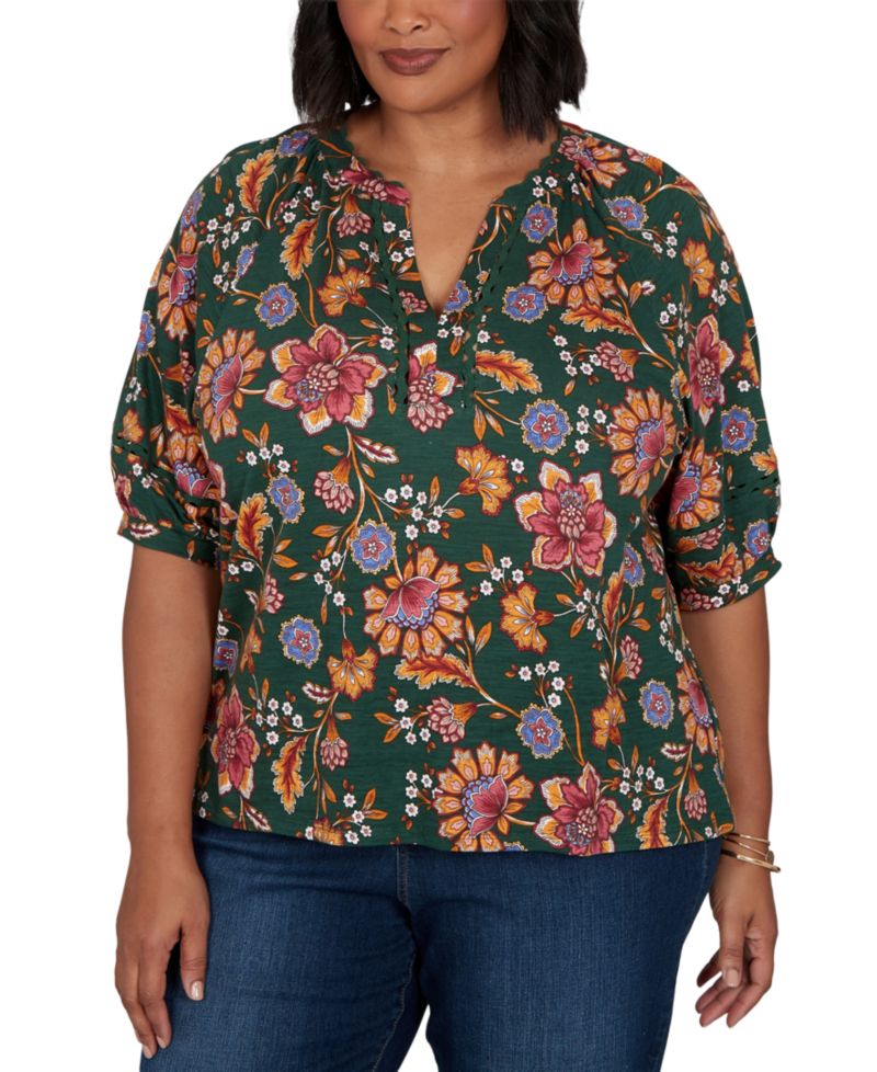 Plus Size Floral Vines Printed Cotton Knit Top