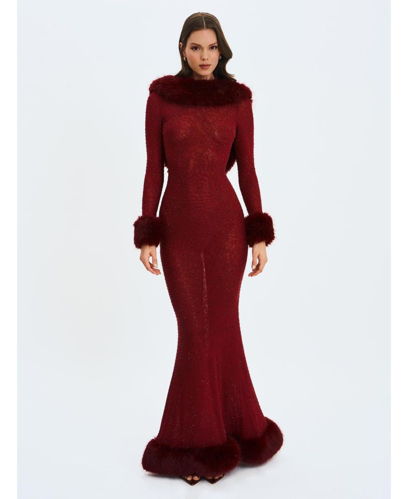 Women Mellie Burgundy Regular-Length Rhinestone Mesh Low Back Mermaid Gown