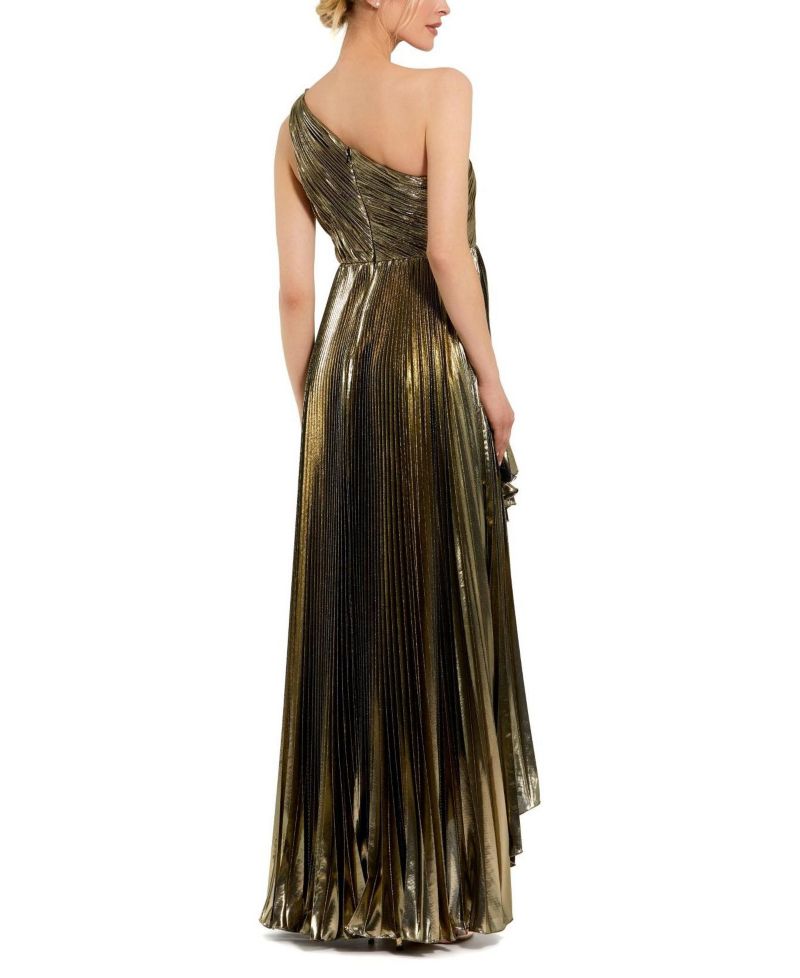 Women's Pleated Metallic One Shoulder High Low Gown