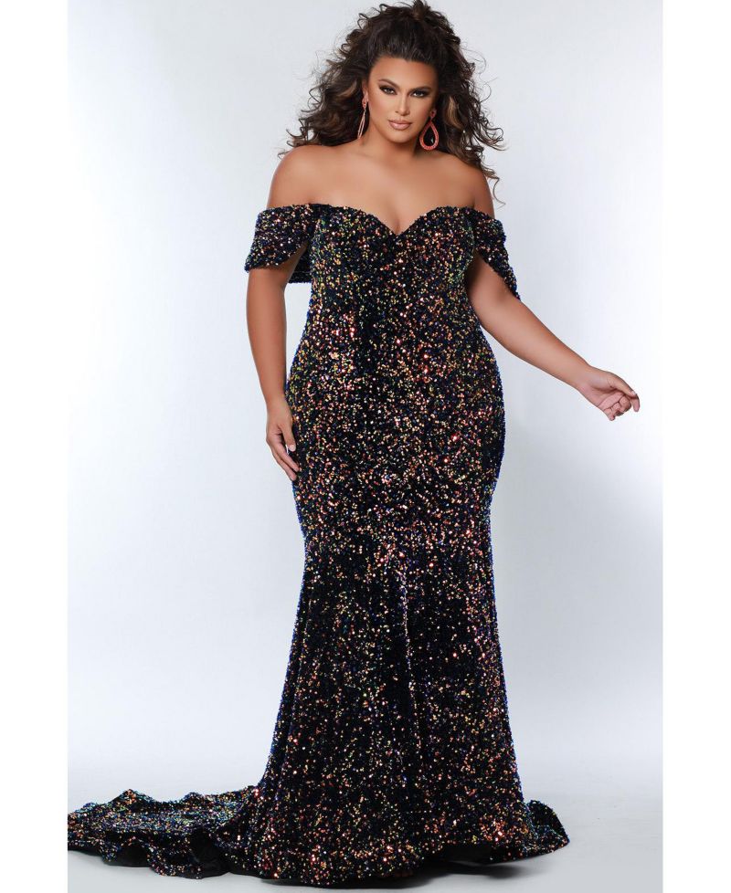 Women's Off the Shoulder Plus Size Sequin Velvet Fitted Formal Gown
