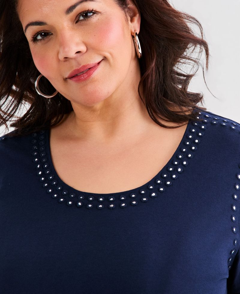 Plus Size Mirror-Trim Scoop-Neck Top