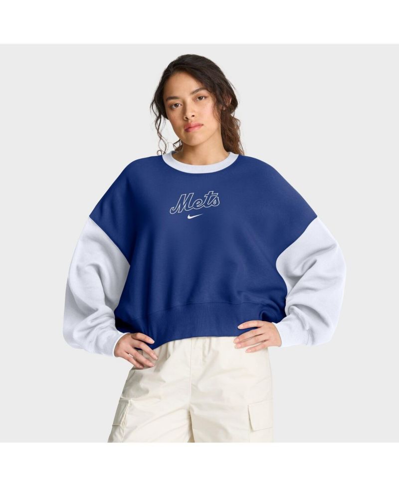 Women's Royal/White New York Mets Oversized High Hip Fleece Sweatshirt