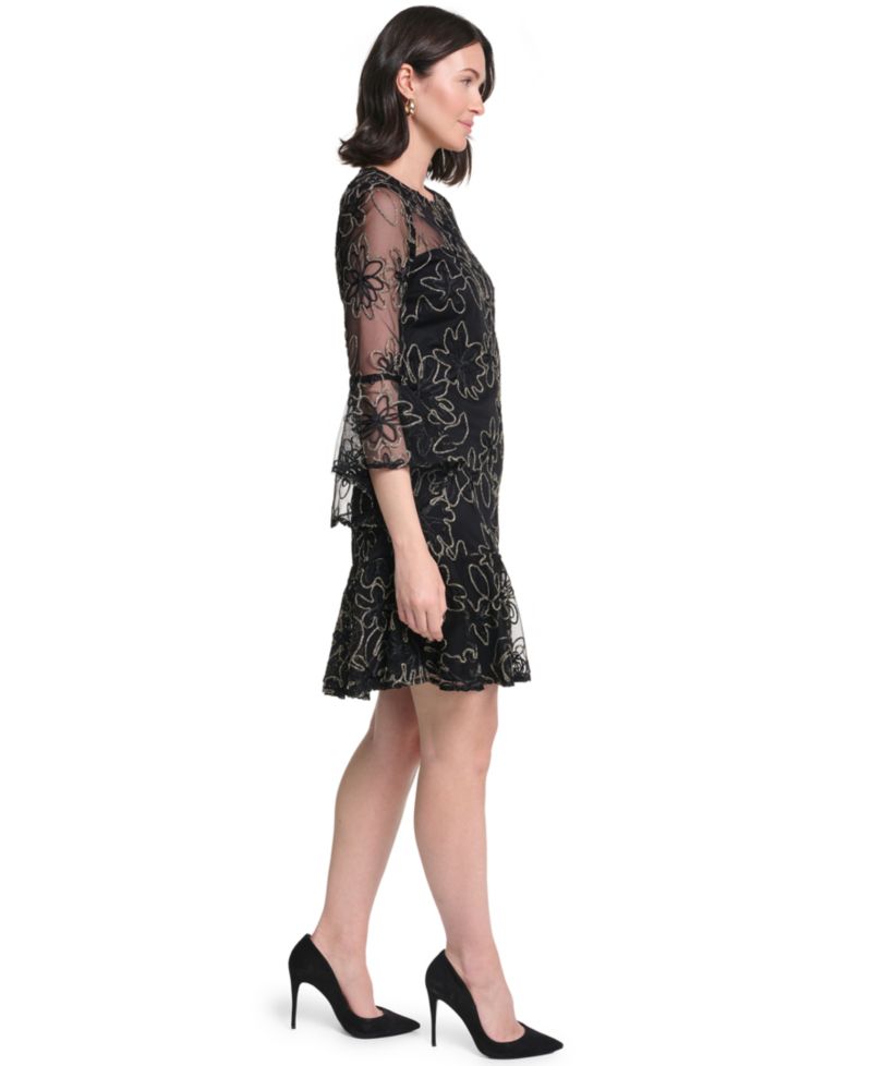 Petite A-Line Bell-Sleeve Floral-Print Dress