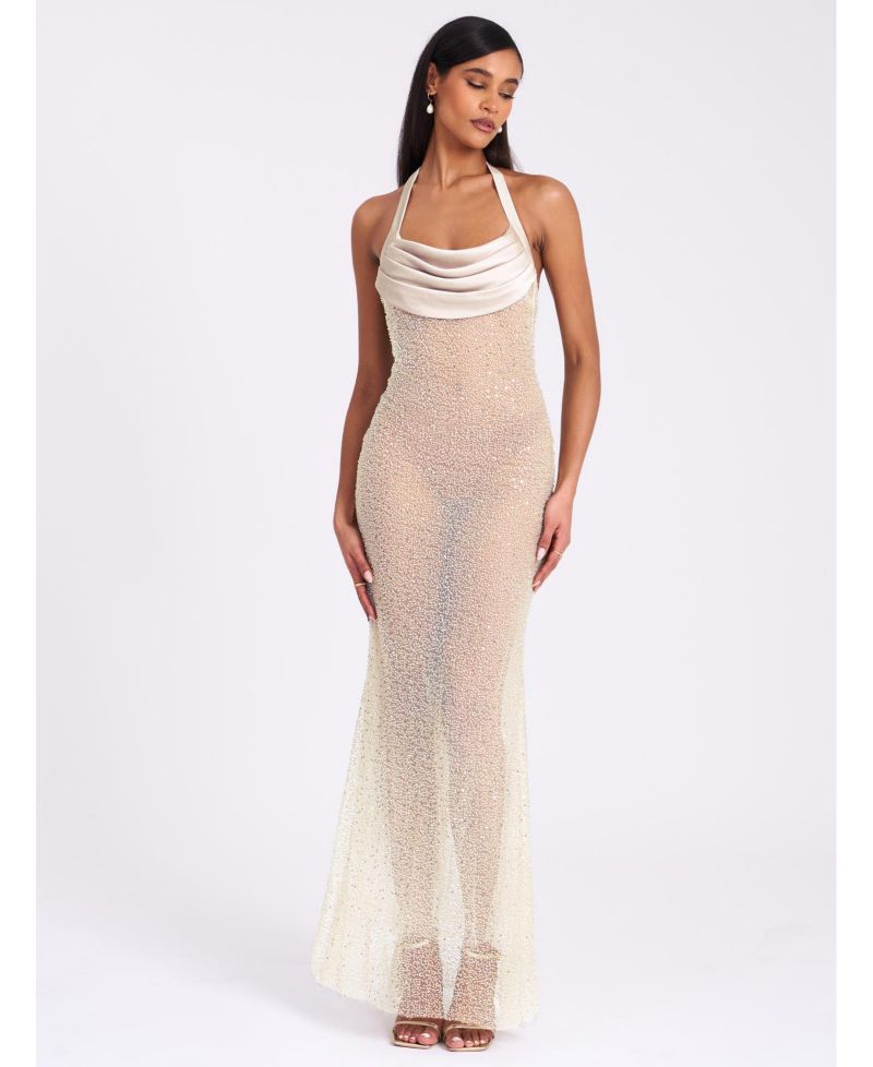 Women's Zahya Lime Halter Backless Beaded Mesh Gown
