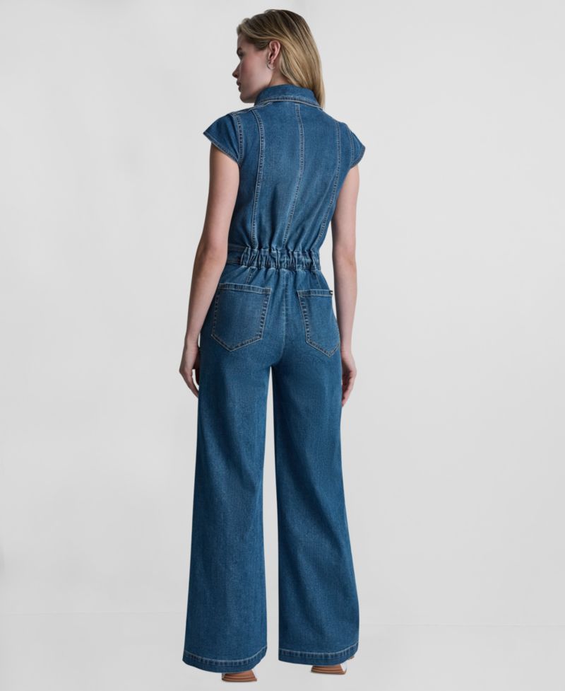 Women's Wide-Leg Cap-Sleeve Denim Jumpsuit