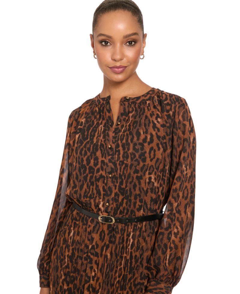 Petite Belted Pleated Skirt Chi Leopard-Print Long-Sleeve Dress