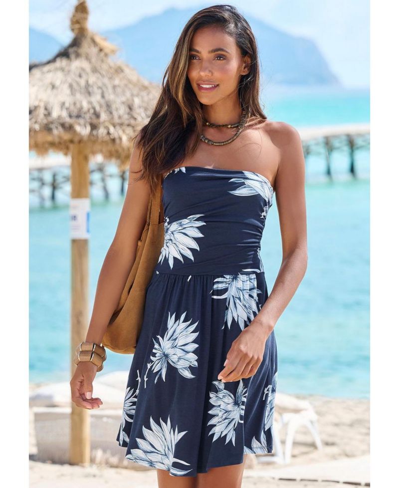 Women's Strapless Floral-Print Fit-and-Flare Short Dress