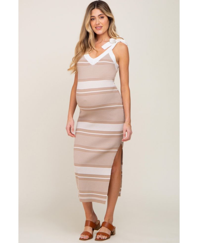 Women's Taupe Striped Ribbed Sleeveless Knit Dress