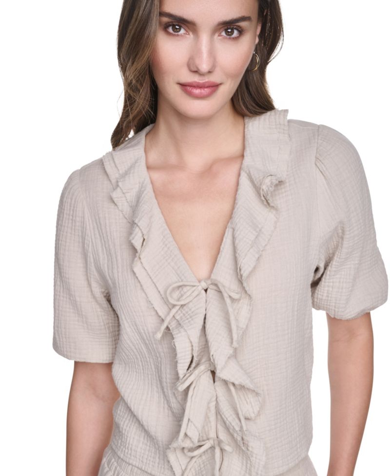 Women's V-Neck Short Puff-Sleeve Tie-Front Shirt