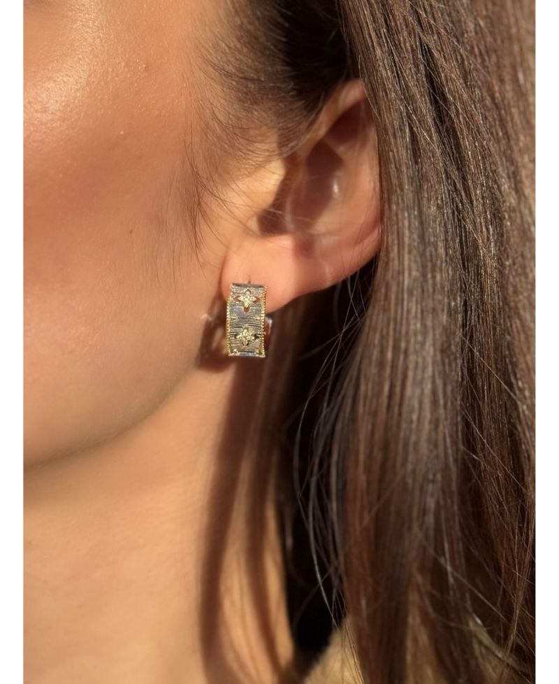 Sterling Cubic Zirconia Florentine Motif Huggie Hoop Earrings
