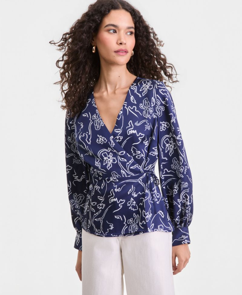 Women's Printed Blouson-Sleeve Wrap Blouse