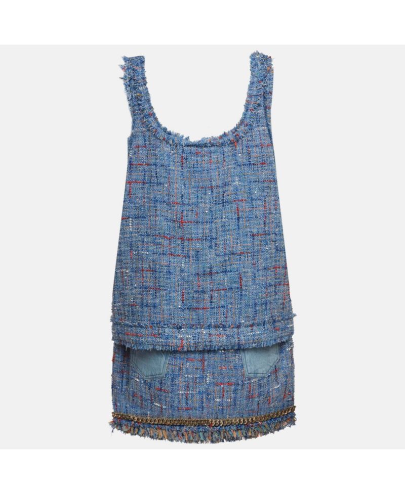 Women's Tweed And Denim Sleeveless Top and Mini Skirt Suits
