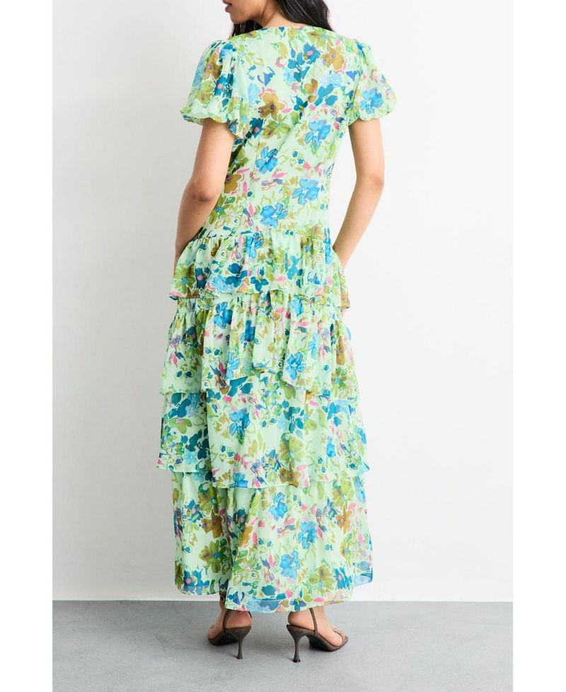 Women's Waist Puff Sleeve Tiered Midi Dress
