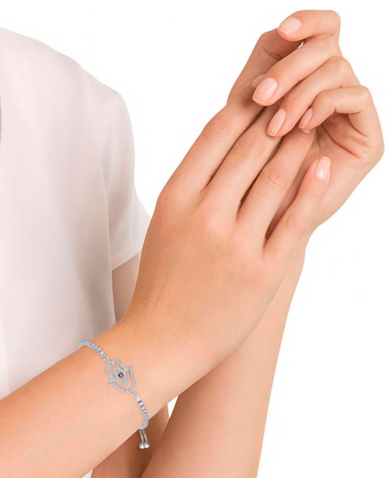 Cubic Zirconia Hamsa Adjustable Bolo Bracelet In Silver Plate