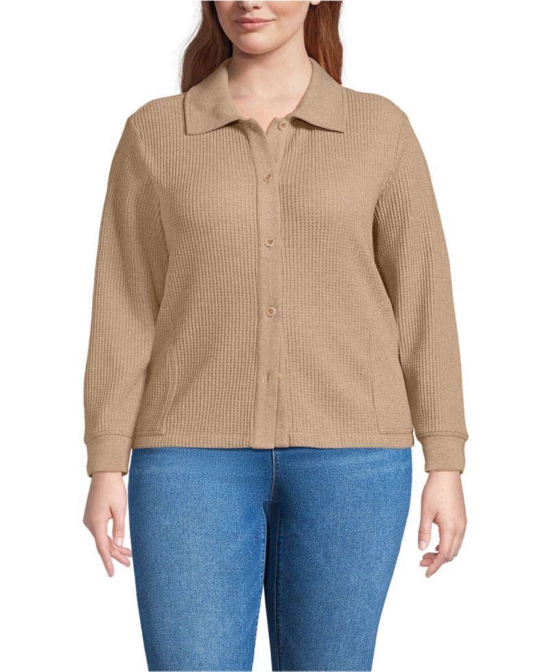 Plus Size Long Sleeve Waffle Collared Shacket
