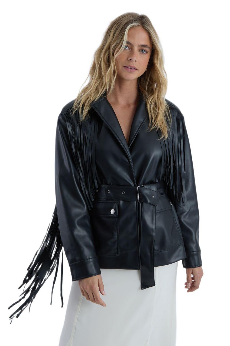 Women's Fringe Faux Leather Belted Jacket