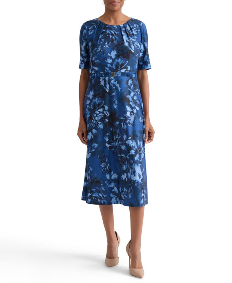 Women's Pleat-Neck Belted Short-Sleeve Dress