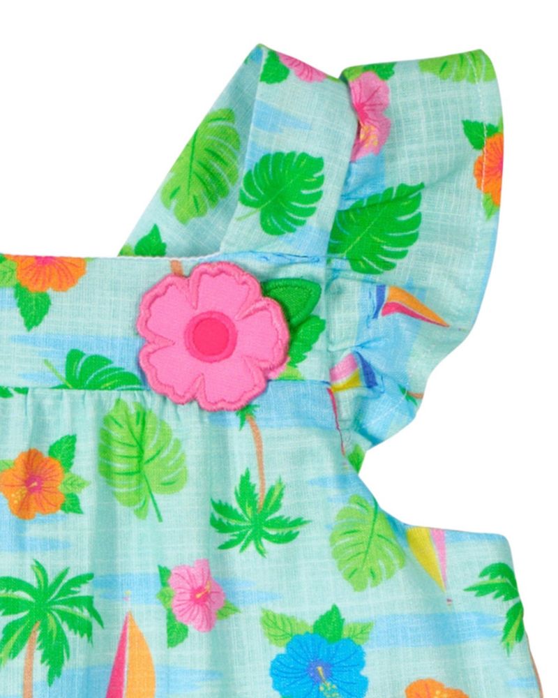 Baby Girl Printed Linen Look Dress With Flower