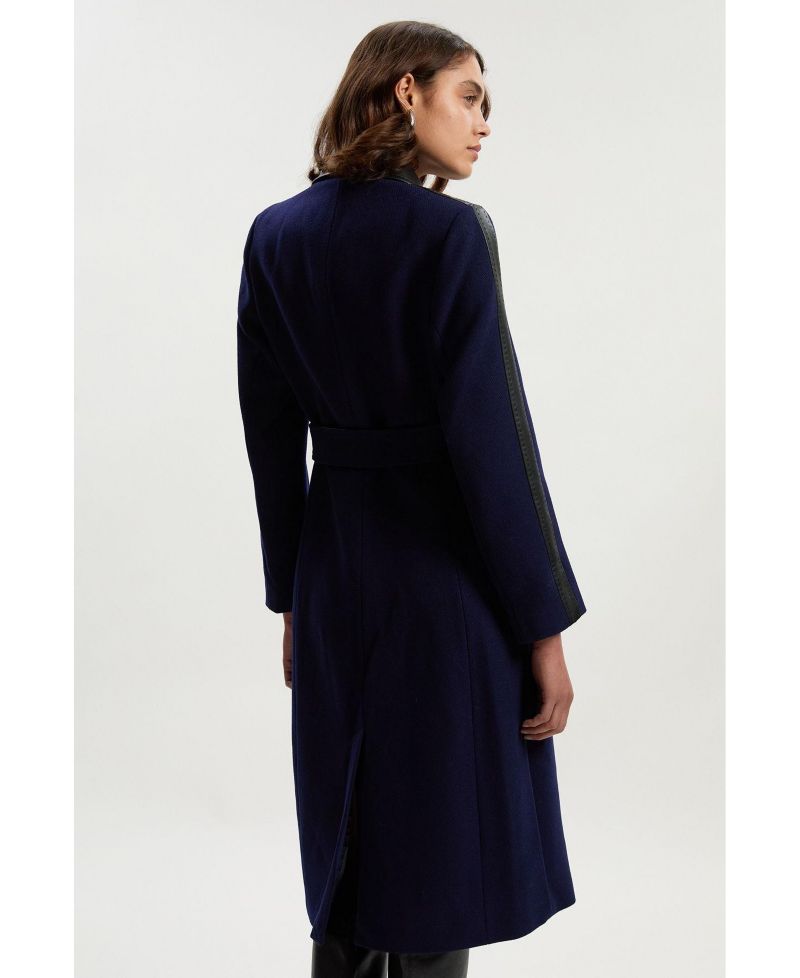 Women's Wool Pu Mix Belted Midi Coat