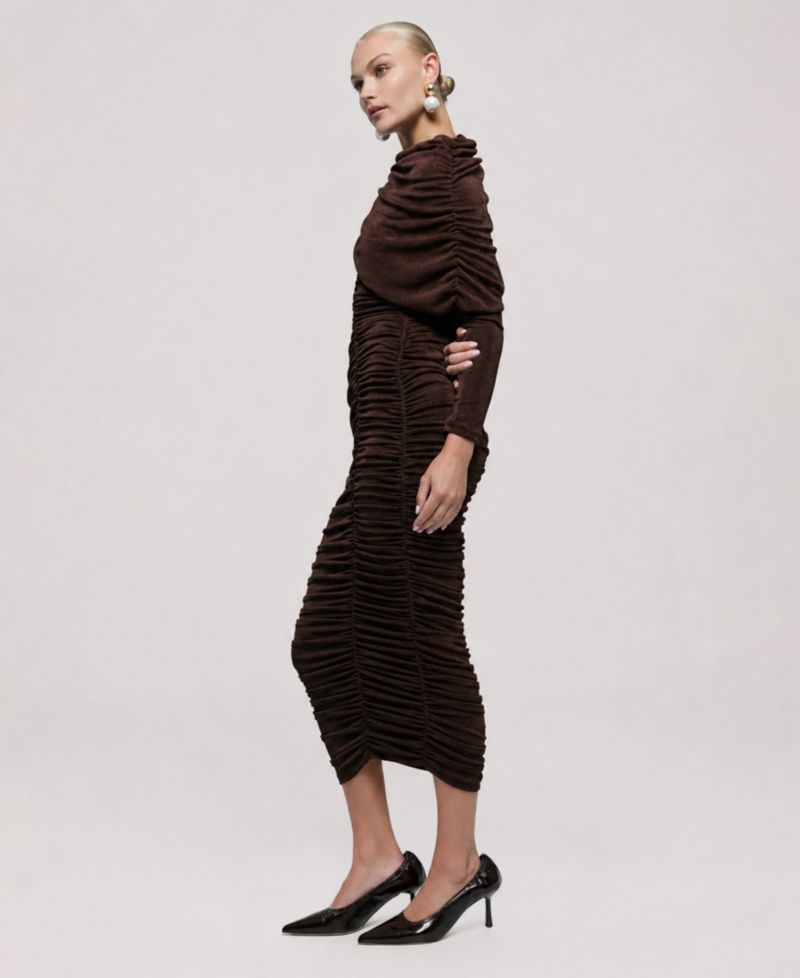 Women's Melina Wedding Guest Long-Sleeve Shawl Collar Midi Dress