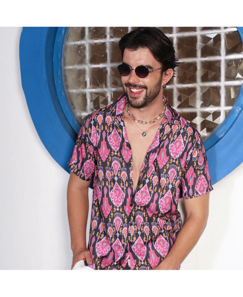 Men's Midnight Black & Light Pink Ethnic Shirt