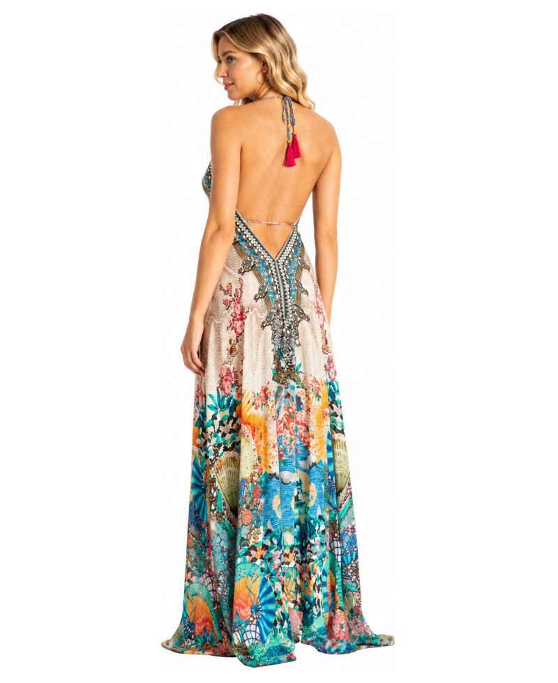 Women's Floral Halter Plunge Maxi Dress